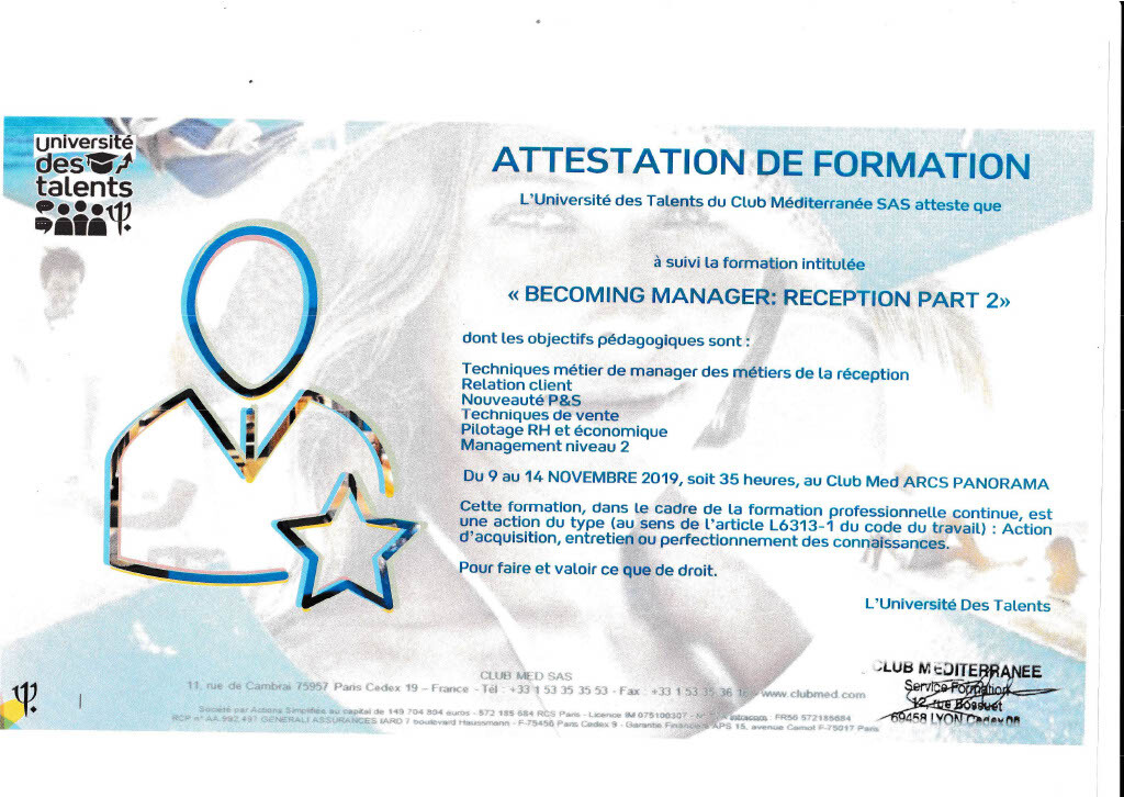 HUMBERT MORGANE CLUB MED Attestation Reception Part 2 - Conseil en gestion - Hôtellerie Attestation de formation Club Med - Becoming Manager : reception Part 2