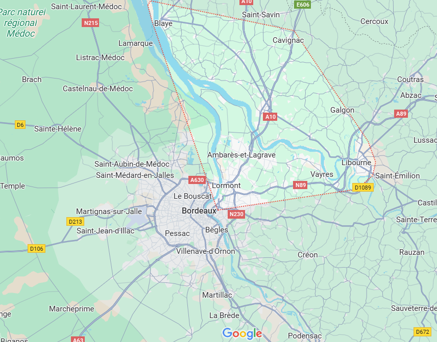 Nord Gironde Bordeaux Cenon Lormont Ambarès Libourne Saint André de Cubzac Blaye Saint Loubès Artigues Cavignac Bourg
Prignac-et-Marcamps Gauriaguet 
Carbon-Blanc Salignac Saint-Sulpice-et-Cameyrac Montussan Cubzac les Ponts Saint Gervais Virsac Peujard Izon Saint Romain la Virvée Val de Virvée La Lande  de Fronsac Saint Vincent de Paul